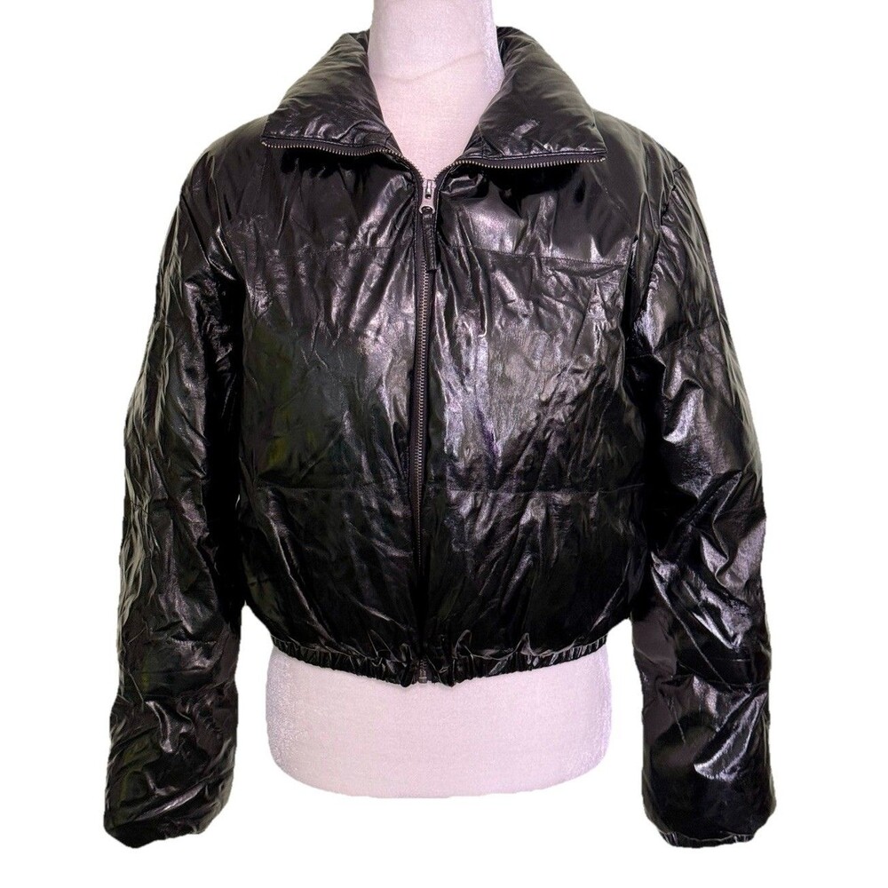 Woman’s Y2K Black‎ Shiny Cropped Puffer Jacket Indie Sleaze Edgy Biker Size Med